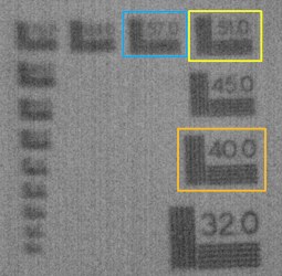 写真「レンズ KMMBSX3-120 で撮影した解像度チャート」